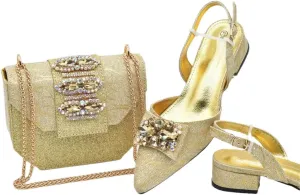 Women's Chic Medium Heel Hoof Toe Pump and Clutch Set with Crystal Accents for Party Wear