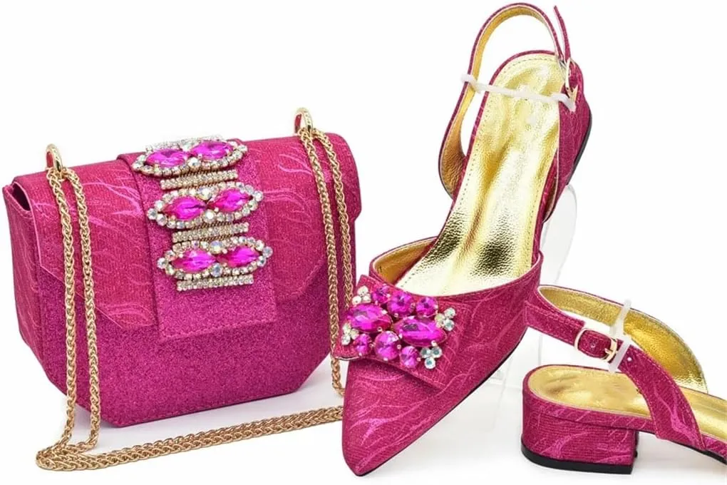 Women's Chic Medium Heel Hoof Toe Pump and Clutch Set with Crystal Accents for Party Wear