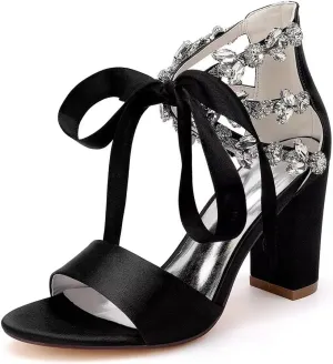 Women's Chunky Block Sandals for Wedding 2025 Open Toe Rhinestone Satin Dressy Pump Bridal Shoes with Ribbon