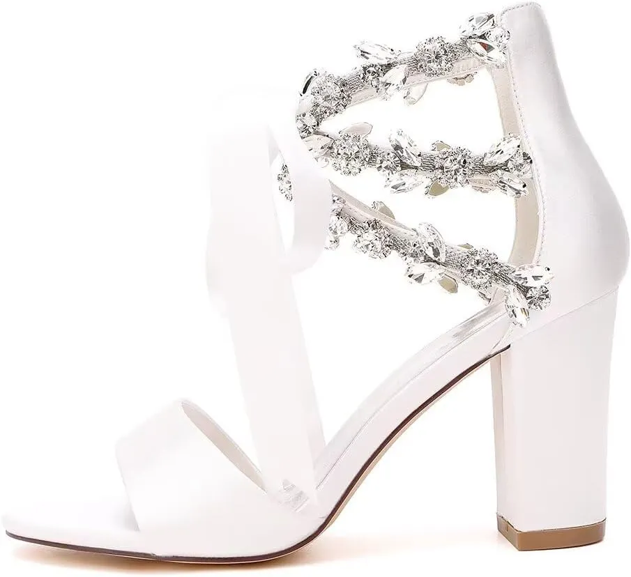 Women's Chunky Block Sandals for Wedding 2025 Open Toe Rhinestone Satin Dressy Pump Bridal Shoes with Ribbon