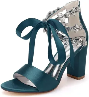 Women's Chunky Block Sandals for Wedding 2025 Open Toe Rhinestone Satin Dressy Pump Bridal Shoes with Ribbon