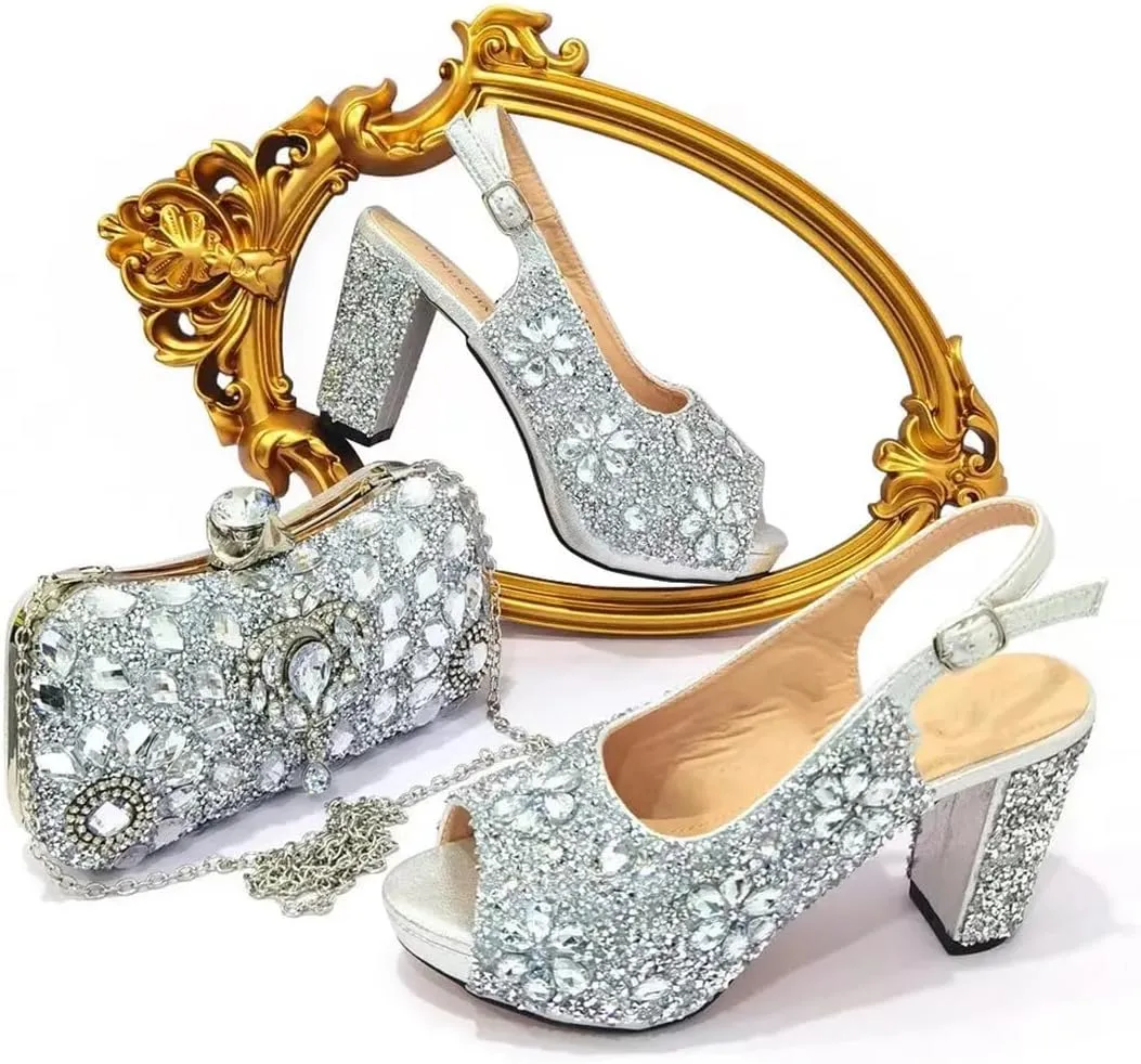 Women’S Classic Italian Shoe and Bag Set with Matching PU Soft Leather Pumps Thin Heels Buckle Strap for Dress Occasions