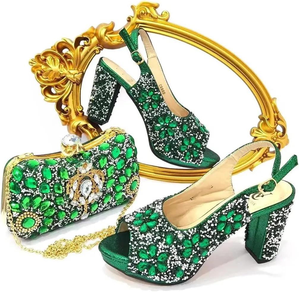 Women’S Classic Italian Shoe and Bag Set with Matching PU Soft Leather Pumps Thin Heels Buckle Strap for Dress Occasions