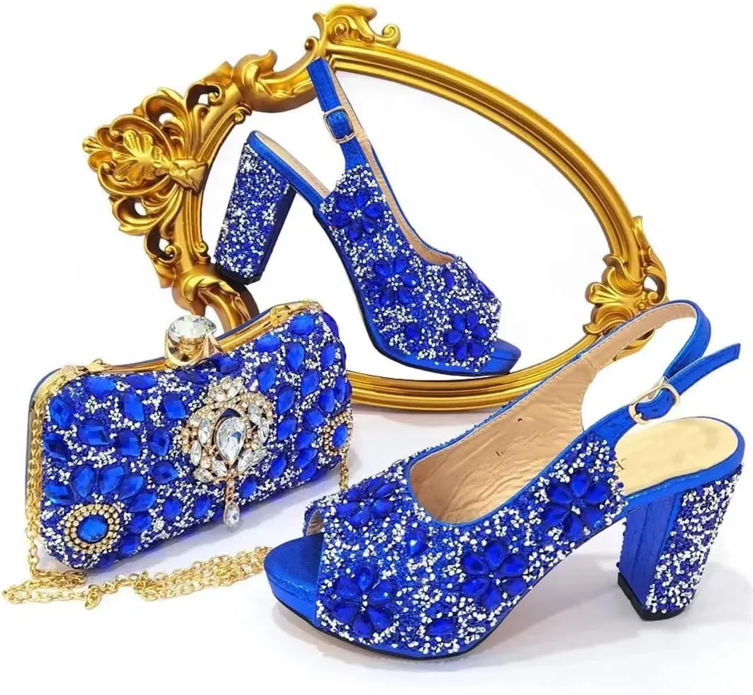 Women’S Classic Italian Shoe and Bag Set with Matching PU Soft Leather Pumps Thin Heels Buckle Strap for Dress Occasions