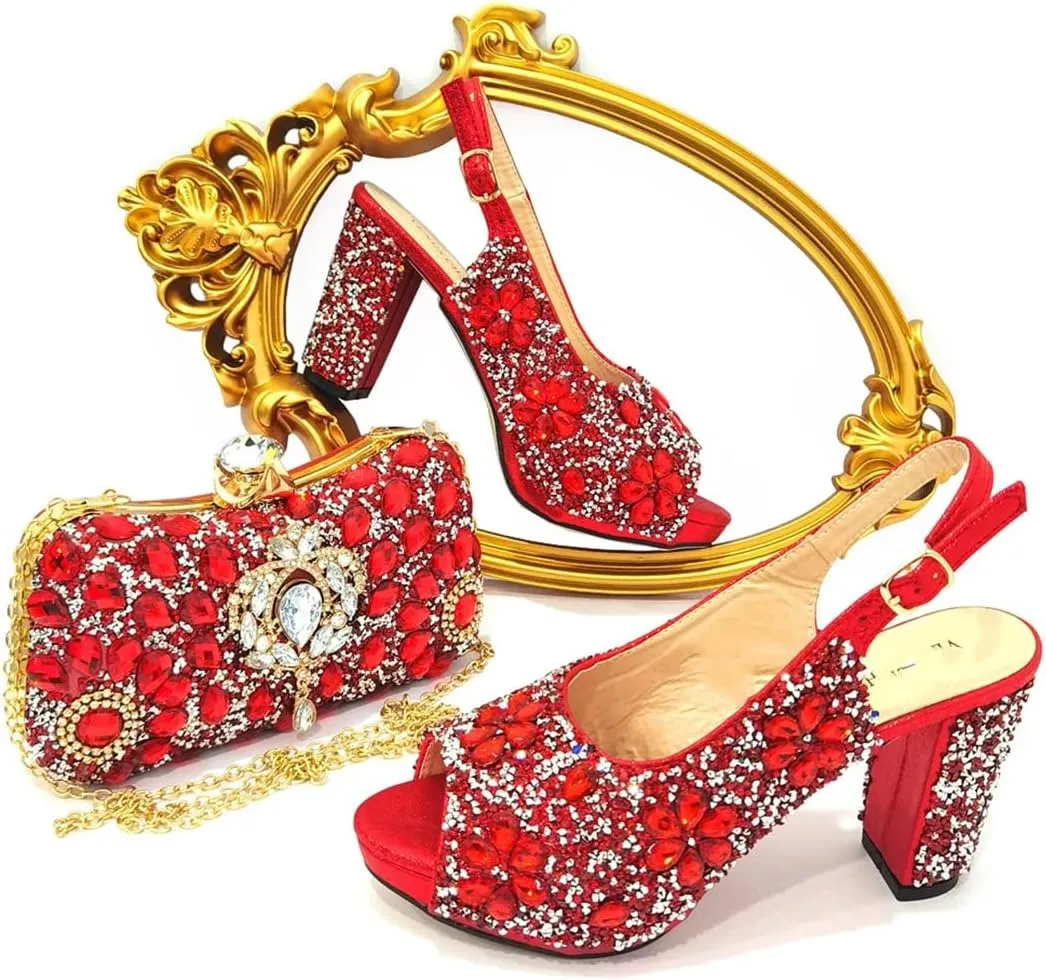 Women’S Classic Italian Shoe and Bag Set with Matching PU Soft Leather Pumps Thin Heels Buckle Strap for Dress Occasions