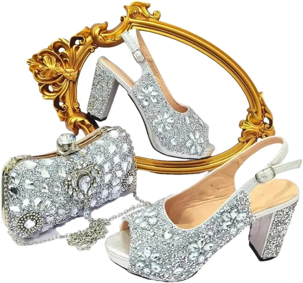 Women’S Classic Italian Shoe and Bag Set with Matching PU Soft Leather Pumps Thin Heels Buckle Strap for Dress Occasions