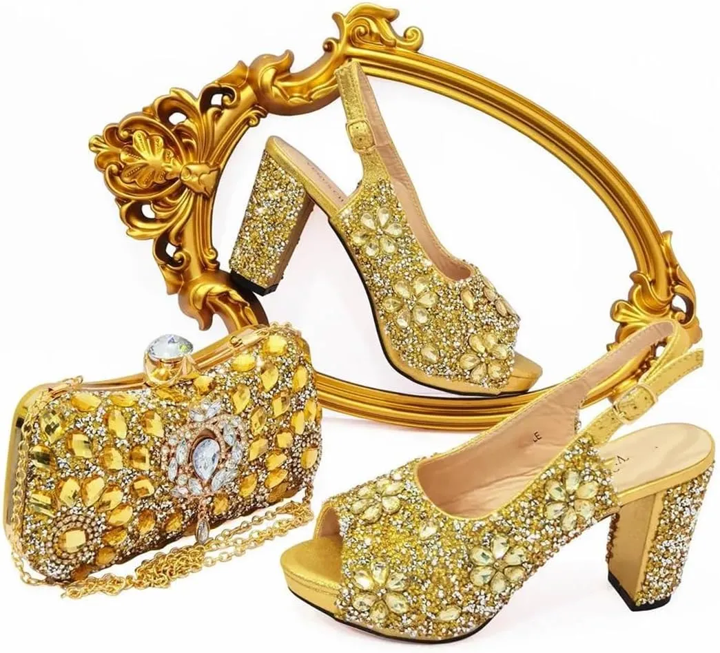 Women’S Classic Italian Shoe and Bag Set with Matching PU Soft Leather Pumps Thin Heels Buckle Strap for Dress Occasions