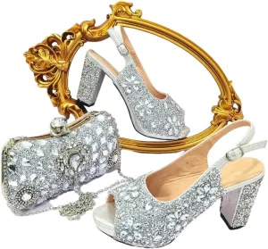 Women’S Classic Italian Shoe and Bag Set with Matching PU Soft Leather Pumps Thin Heels Buckle Strap for Dress Occasions