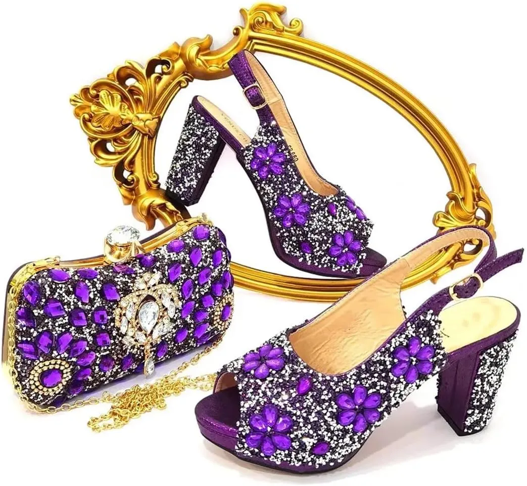Women’S Classic Italian Shoe and Bag Set with Matching PU Soft Leather Pumps Thin Heels Buckle Strap for Dress Occasions