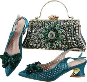 Women’S Comfortable Low Heel Shoes and Bag Set for Wedding with Square Heel and Slingback Style