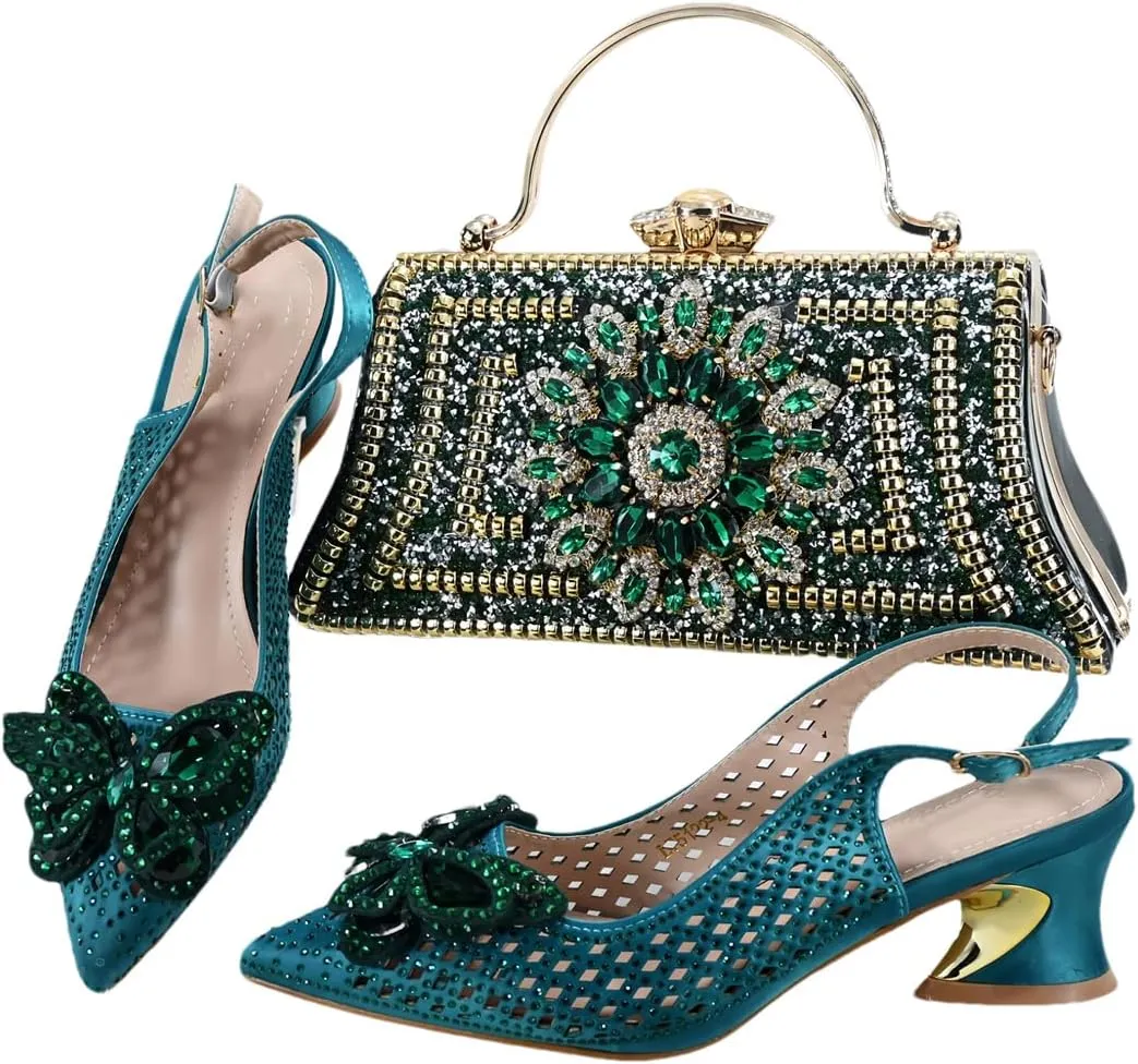 Women’S Comfortable Low Heel Shoes and Bag Set for Wedding with Square Heel and Slingback Style