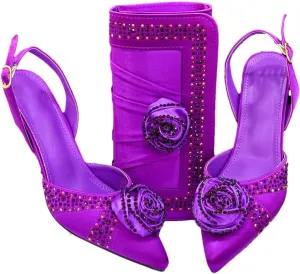 Women's Crystal Pointed-Toe High Heel Pumps with Matching Bag Slingback Buckle Strap Party Shoes