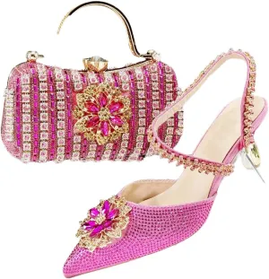 Women’S Dazzling Thin Heel Pumps and Clutch Set with Crystal Details for Festive Elegance