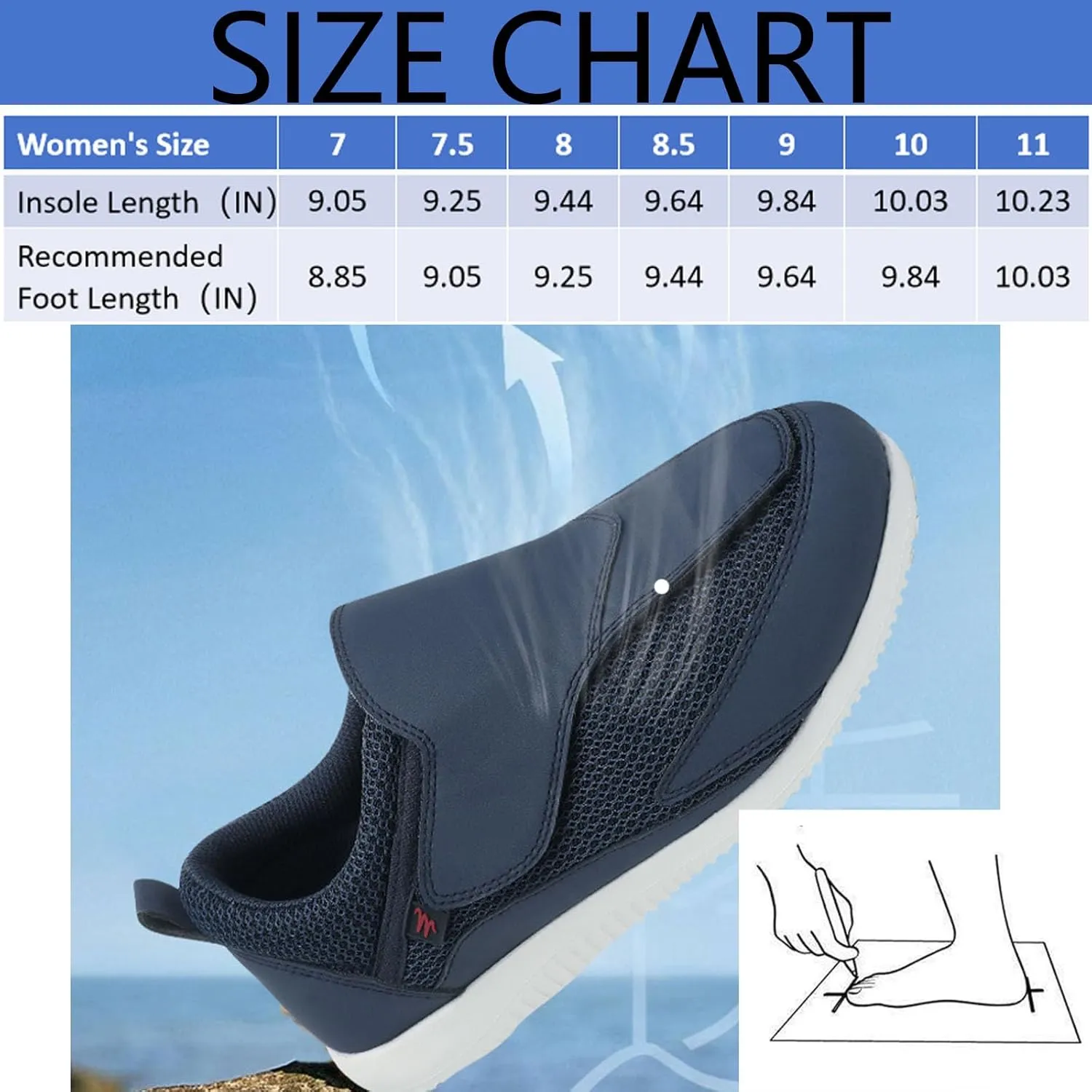 Women's Diabetic Shoes, Blue, Size 8, Extra Wide, Adjustable, Slip-On, Flat Heel, Mesh Upper, EVA Sole, All-Season, Casual, Moderate Cushioning, Elderly, Diabetics, Foot Health Concerns