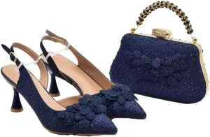 Women's Diamond High Heel Shoes and Bag Set with Pointed Toe Spike Heel Slingbacks for Party
