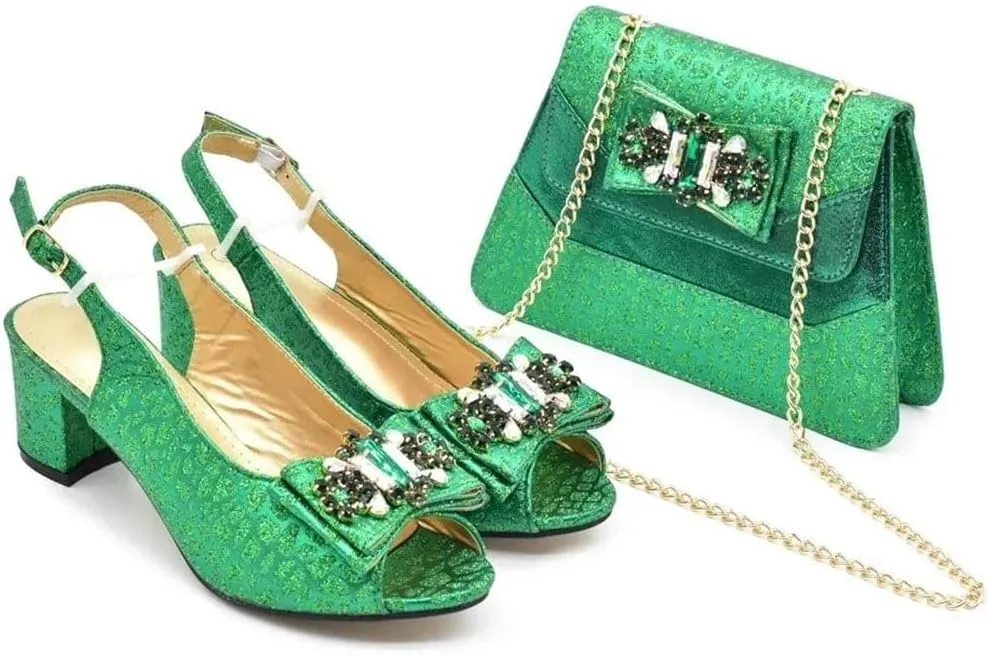 Women's Diamond Peep-Toe High Heel Pumps with Matching Bag Square Heel Fashion Wedding Shoes