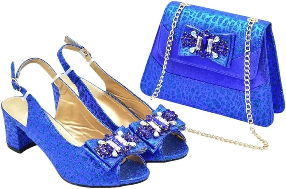 Women's Diamond Peep-Toe High Heel Pumps with Matching Bag Square Heel Fashion Wedding Shoes