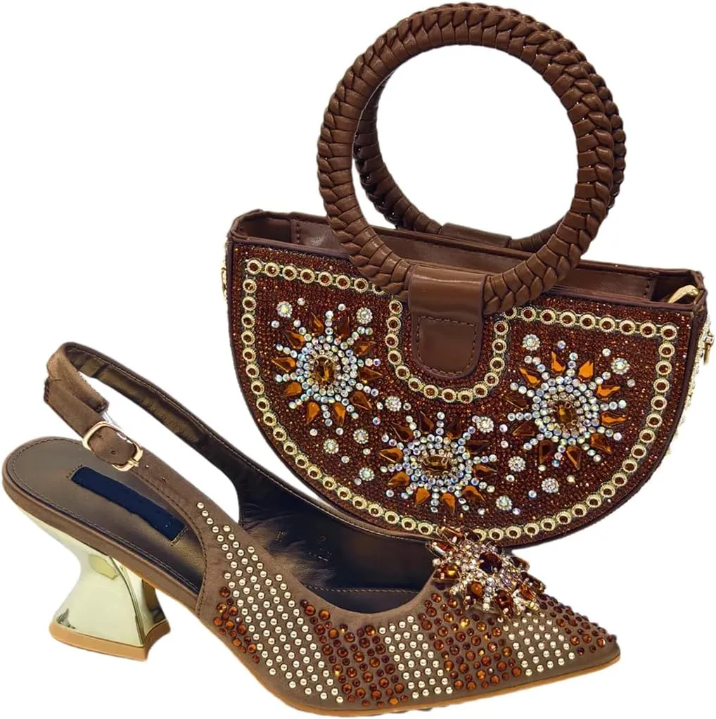 Women’S Elegant Bling Wedding Party Shoes and Bag Set with Comfortable Mid Heel and Metal Handle Shoulder Strap