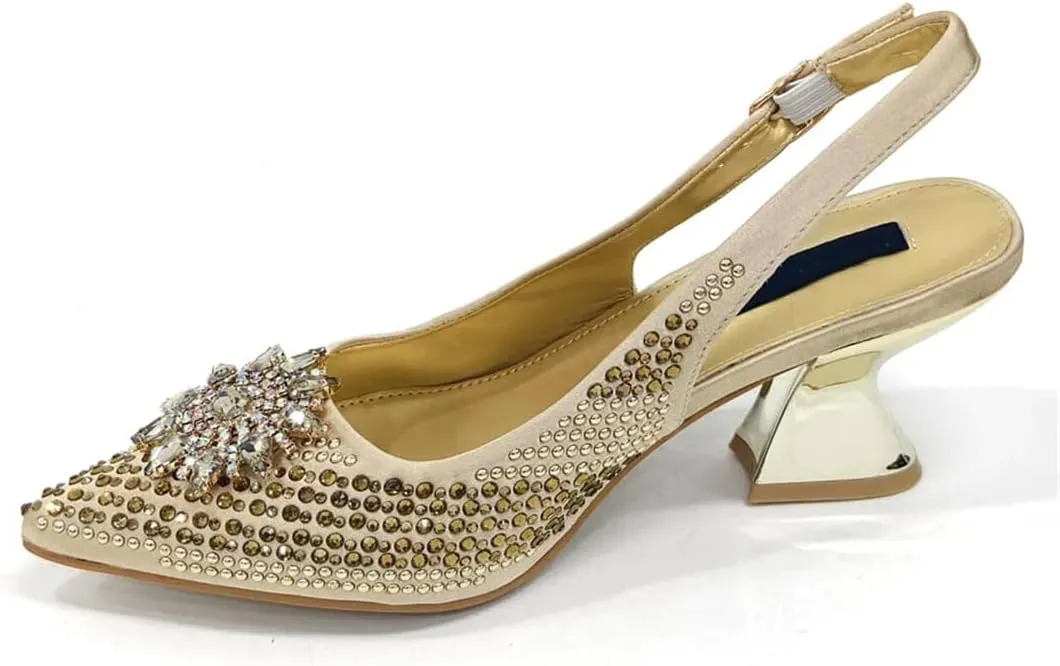Women’S Elegant Bling Wedding Party Shoes and Bag Set with Comfortable Mid Heel and Metal Handle Shoulder Strap