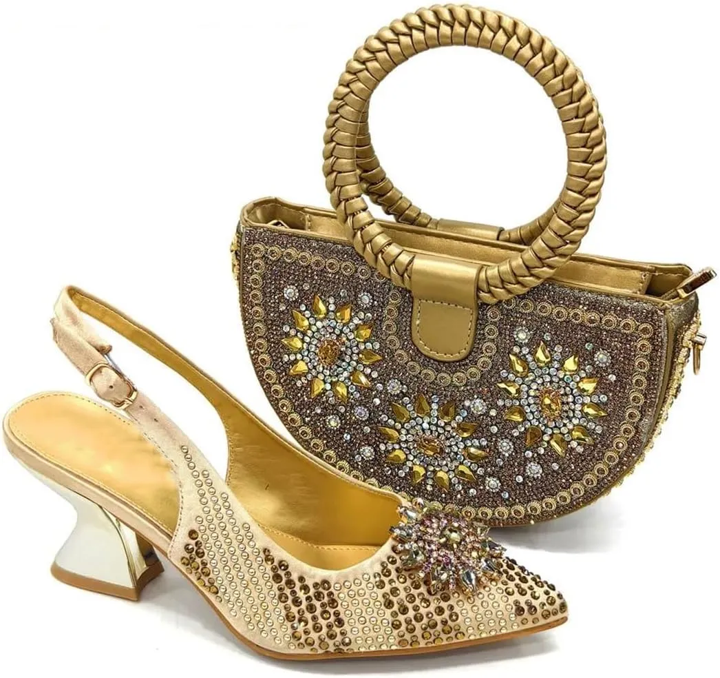Women’S Elegant Bling Wedding Party Shoes and Bag Set with Comfortable Mid Heel and Metal Handle Shoulder Strap