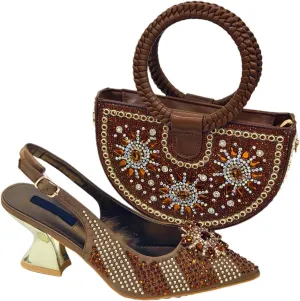 Women’S Elegant Bling Wedding Party Shoes and Bag Set with Comfortable Mid Heel and Metal Handle Shoulder Strap