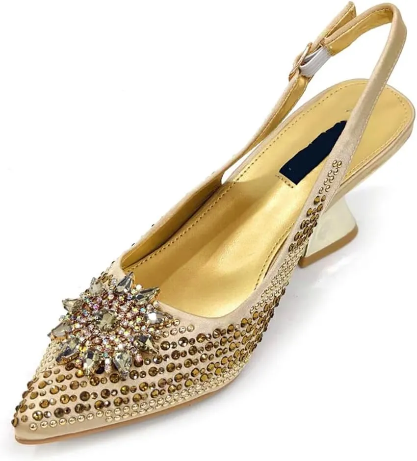 Women’S Elegant Bling Wedding Party Shoes and Bag Set with Comfortable Mid Heel and Metal Handle Shoulder Strap