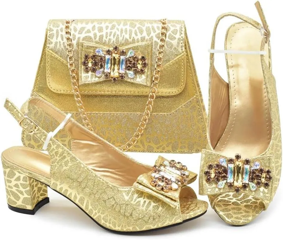 Women's Elegant Diamond Wedding Shoes and Bag Set with Peep Toe Square Heel Slingbacks for Party