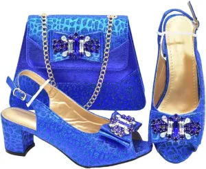 Women's Elegant Diamond Wedding Shoes and Bag Set with Peep Toe Square Heel Slingbacks for Party