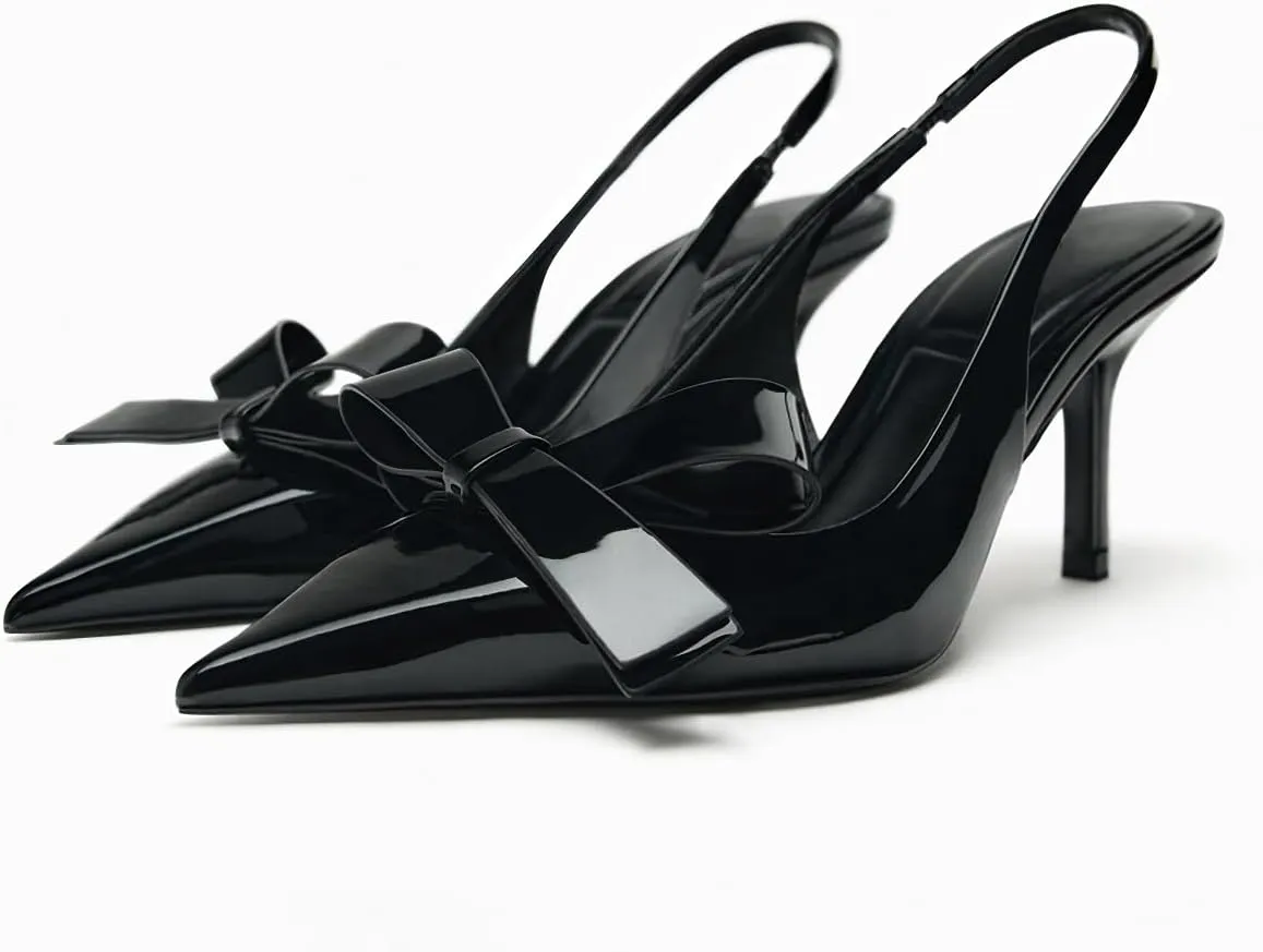 Women's Fabric Slingback High Heel Pump Bow Detail On The Front Elastic Strap Around The Back Pointed Toe Wedding Party Office Dance Shoes
