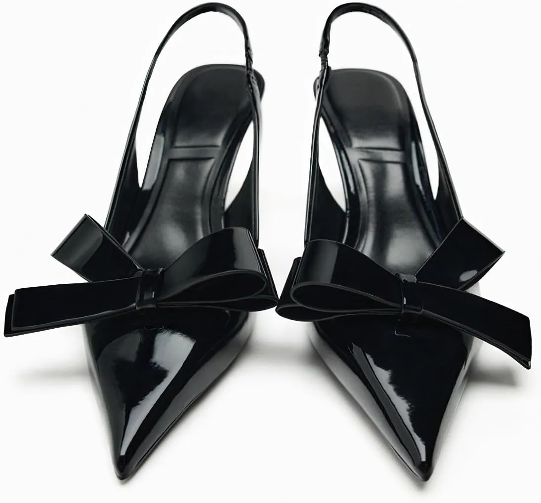 Women's Fabric Slingback High Heel Pump Bow Detail On The Front Elastic Strap Around The Back Pointed Toe Wedding Party Office Dance Shoes