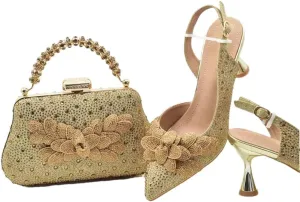 Women's Fashion Diamond High Heel Shoes and Bag Set with Pointed Toe Spike Heel Slingbacks for Party