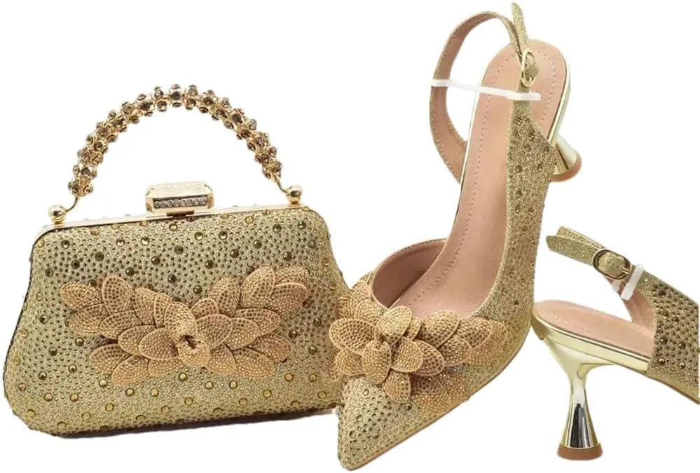 Women's Fashion Diamond High Heel Shoes and Bag Set with Pointed Toe Spike Heel Slingbacks for Party
