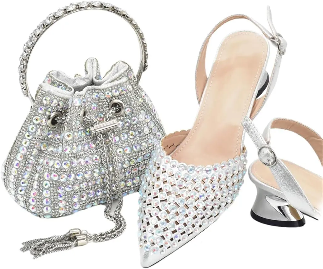 Women's Fashion Gold Diamond Shoes and Bag Set with Pointed Toe Hoof Heel Slingbacks for Party