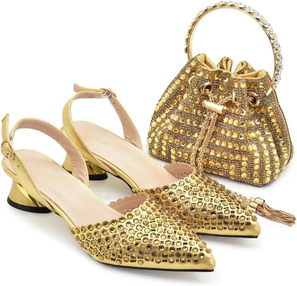 Women's Fashion Gold Diamond Shoes and Bag Set with Pointed Toe Hoof Heel Slingbacks for Party