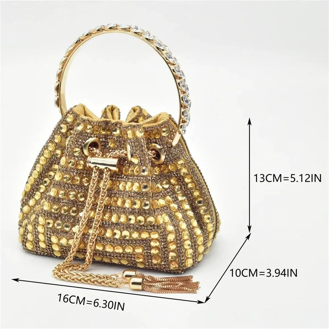 Women's Fashion Gold Diamond Shoes and Bag Set with Pointed Toe Hoof Heel Slingbacks for Party