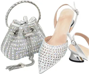 Women's Fashion Gold Diamond Shoes and Bag Set with Pointed Toe Hoof Heel Slingbacks for Party