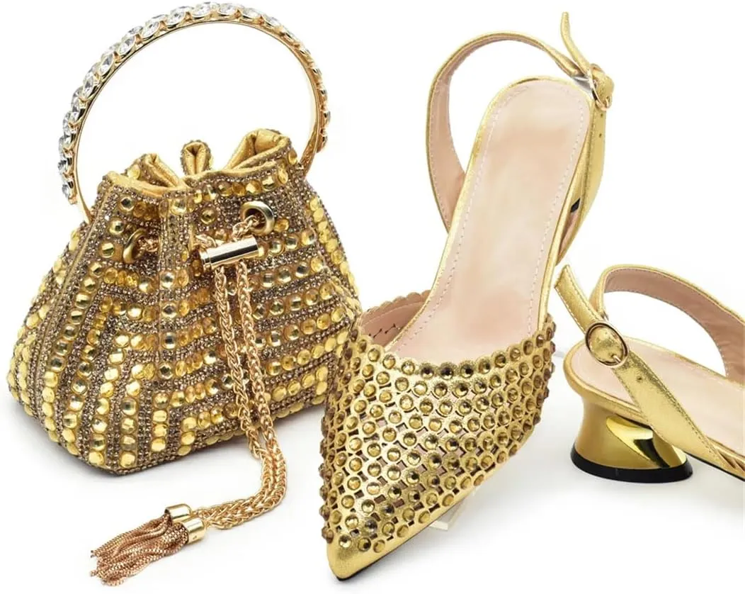 Women's Fashion Gold Diamond Shoes and Bag Set with Pointed Toe Hoof Heel Slingbacks for Party