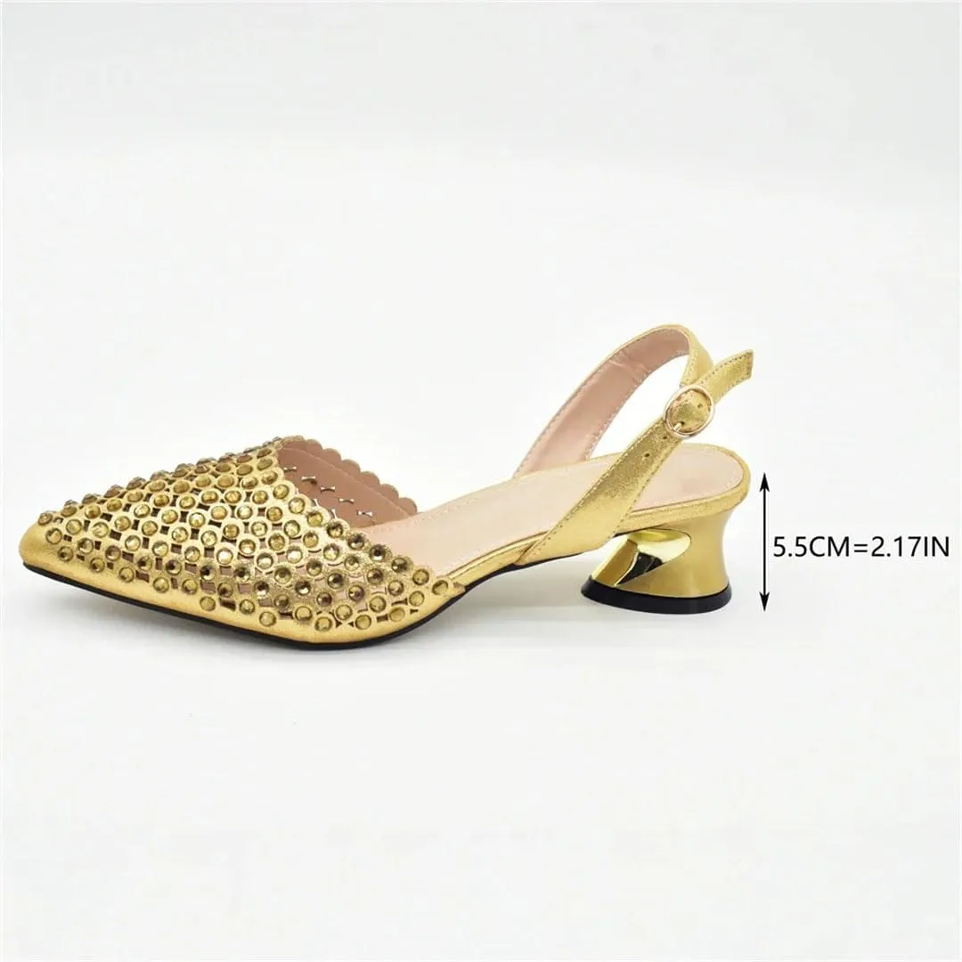 Women's Fashion Gold Diamond Shoes and Bag Set with Pointed Toe Hoof Heel Slingbacks for Party