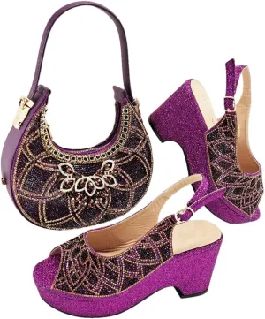 Women’S Fashion Italian Rhinestone Pumps and Matching Bag Set with Charm Decorations for Party Wedding