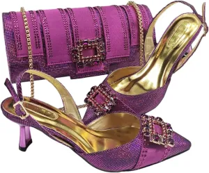 Women’S Fashion Pointed Toe Evening Shoes and Clutch Bag Set with Thin Heel and Rhinestone Embellishment