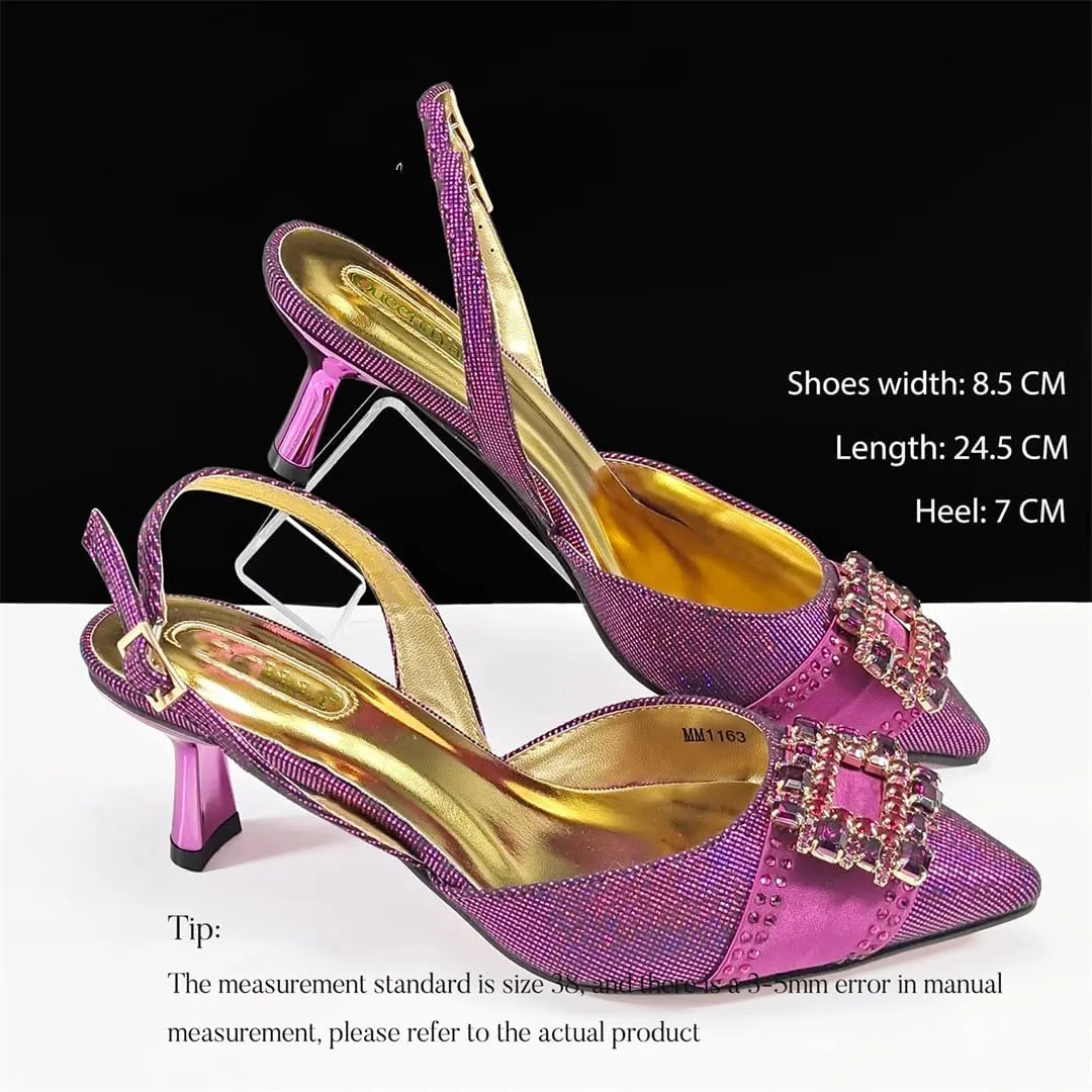 Women’S Fashion Pointed Toe Evening Shoes and Clutch Bag Set with Thin Heel and Rhinestone Embellishment