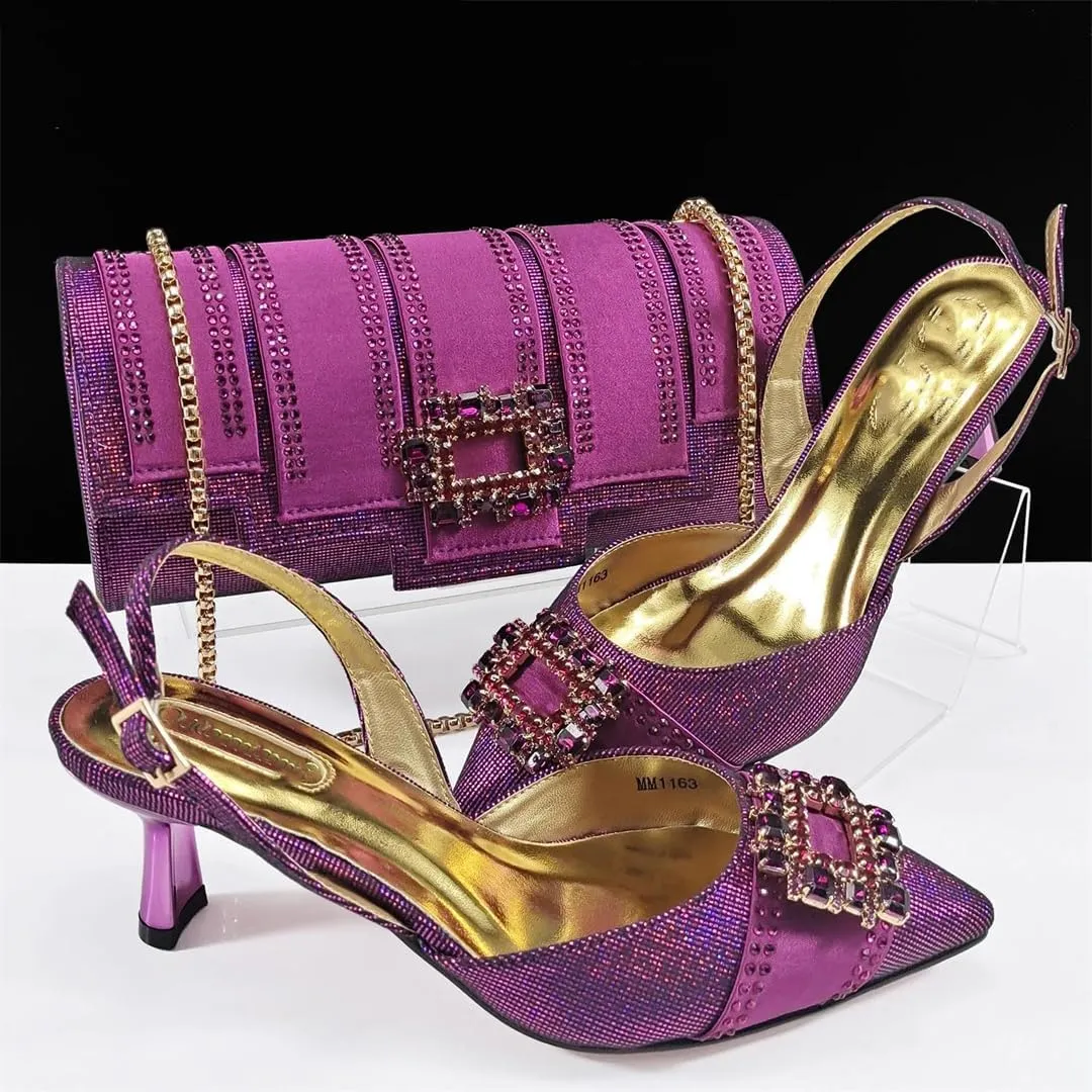 Women’S Fashion Pointed Toe Evening Shoes and Clutch Bag Set with Thin Heel and Rhinestone Embellishment