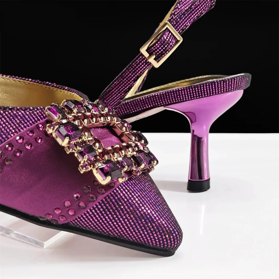 Women’S Fashion Pointed Toe Evening Shoes and Clutch Bag Set with Thin Heel and Rhinestone Embellishment