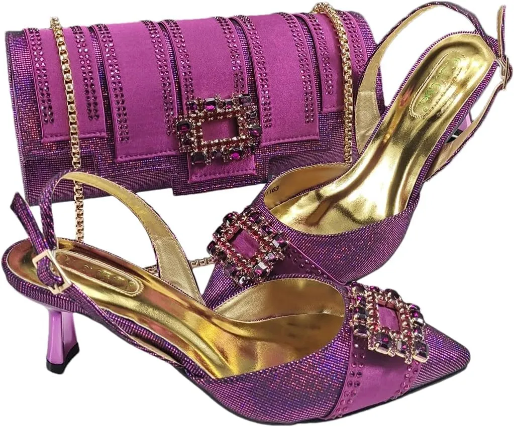 Women’S Fashion Pointed Toe Evening Shoes and Clutch Bag Set with Thin Heel and Rhinestone Embellishment