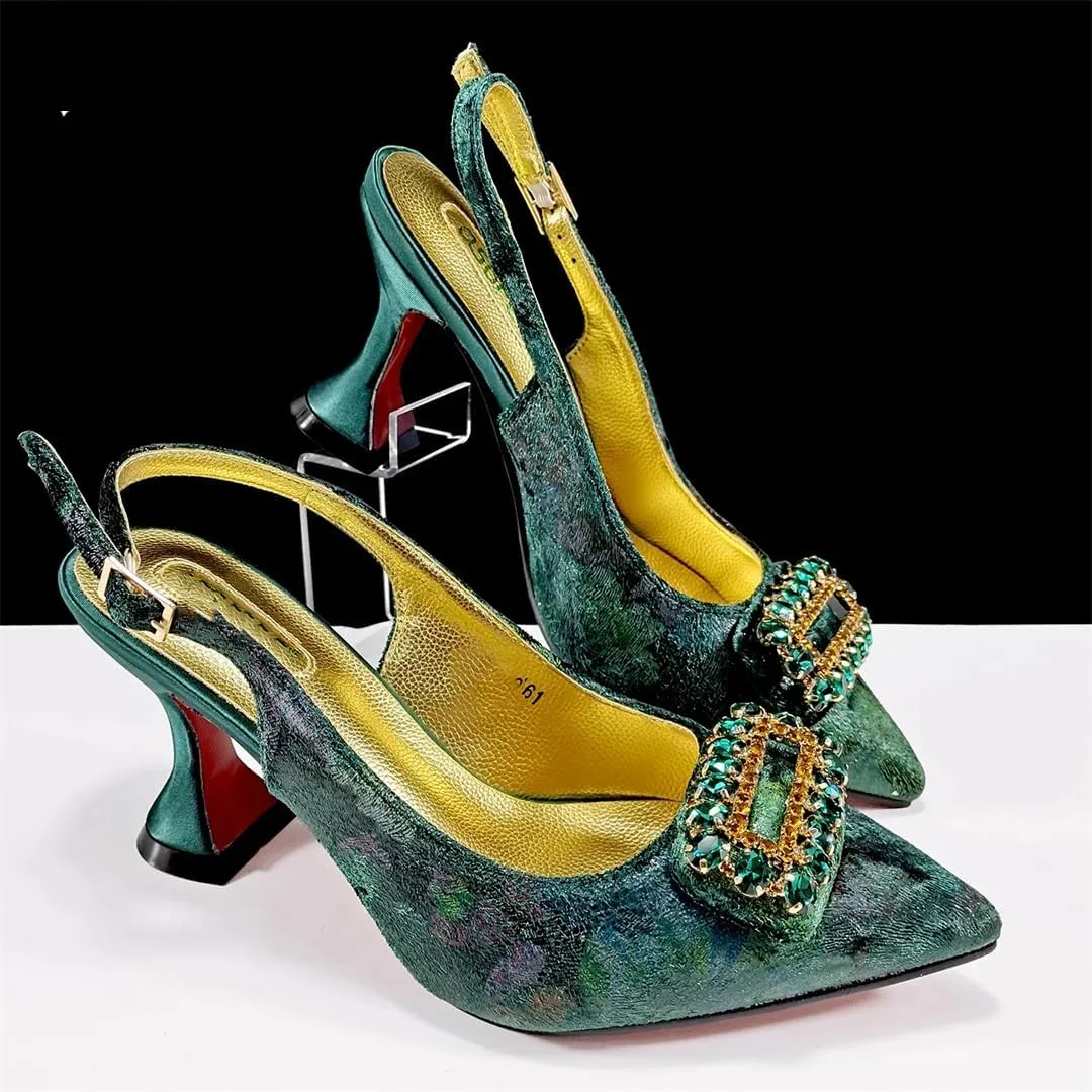 Women’S Fashion Rhinestone-Encrusted Pumps and Special Bag Set for Party Comfortable Streamline Slingbacks with Metal Decoration