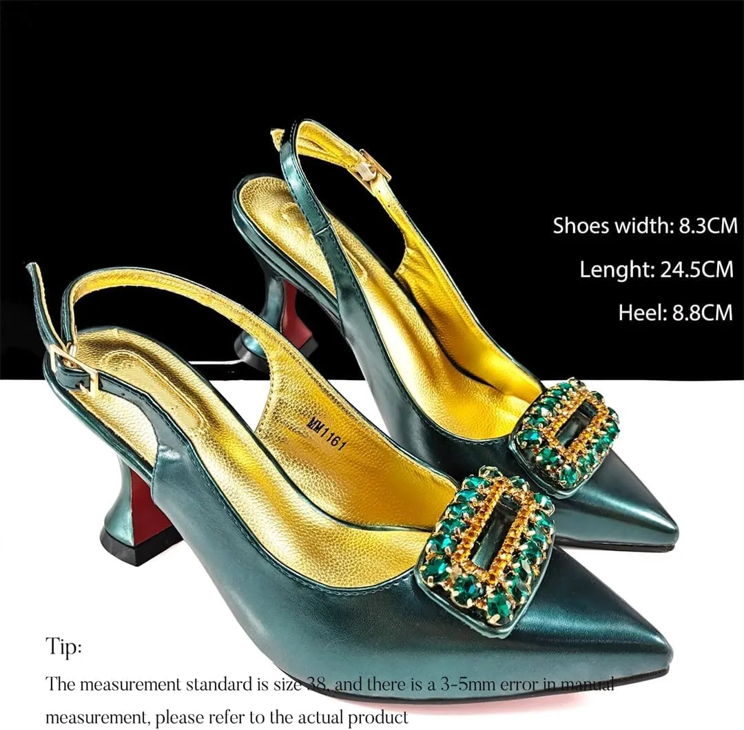 Women’S Fashion Rhinestone-Encrusted Pumps and Special Bag Set for Party Comfortable Streamline Slingbacks with Metal Decoration