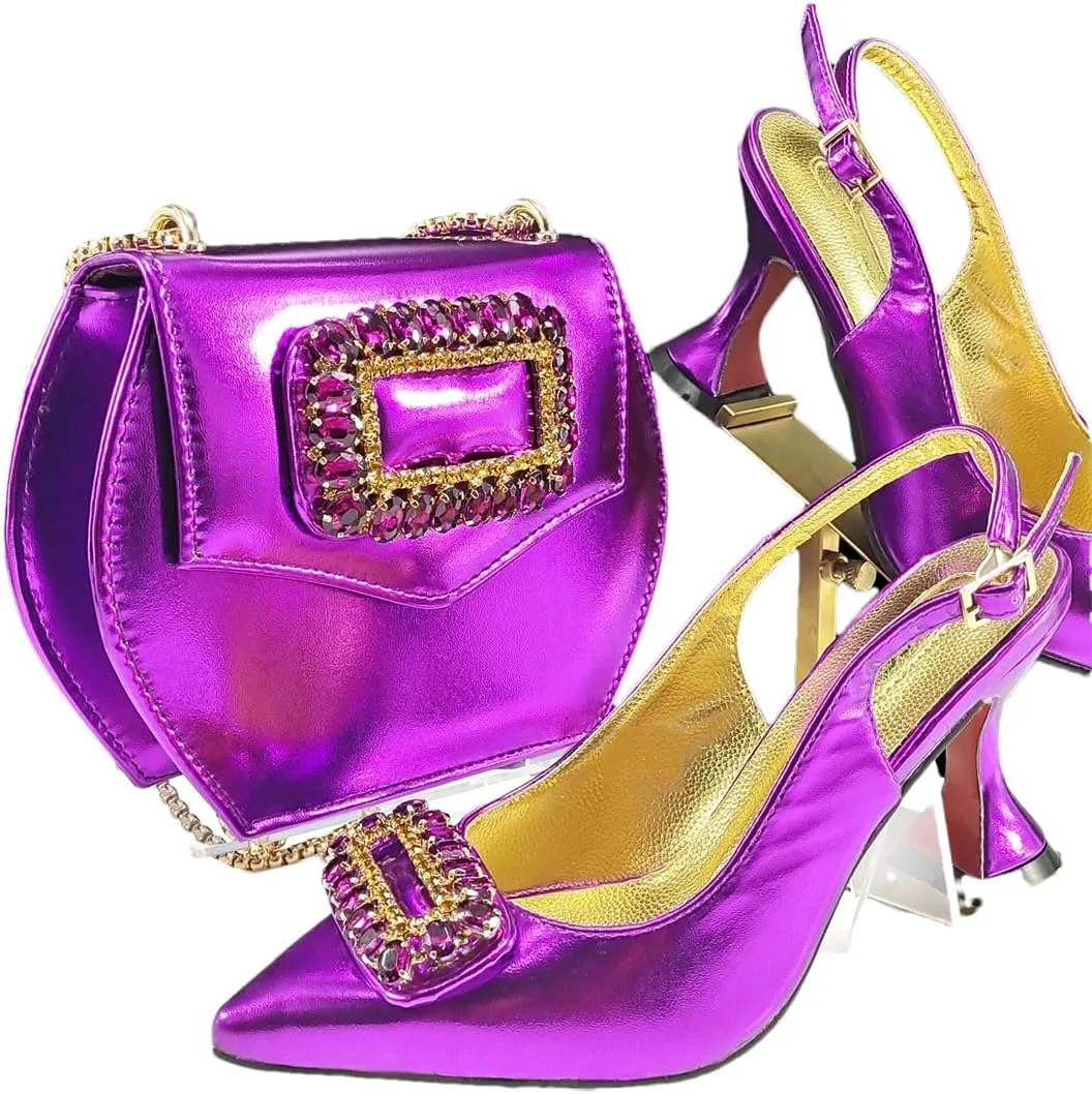 Women’S Fashion Rhinestone-Encrusted Pumps and Special Bag Set for Party Comfortable Streamline Slingbacks with Metal Decoration