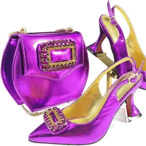Women’S Fashion Rhinestone-Encrusted Pumps and Special Bag Set for Party Comfortable Streamline Slingbacks with Metal Decoration
