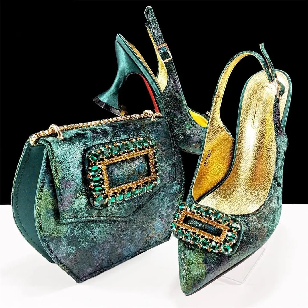 Women’S Fashion Rhinestone-Encrusted Pumps and Special Bag Set for Party Comfortable Streamline Slingbacks with Metal Decoration