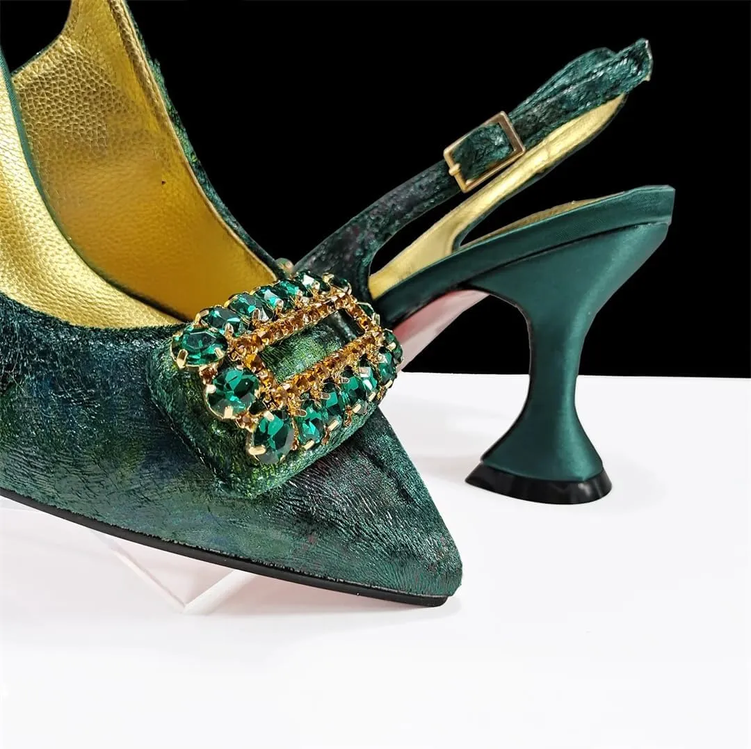 Women’S Fashion Rhinestone-Encrusted Pumps and Special Bag Set for Party Comfortable Streamline Slingbacks with Metal Decoration